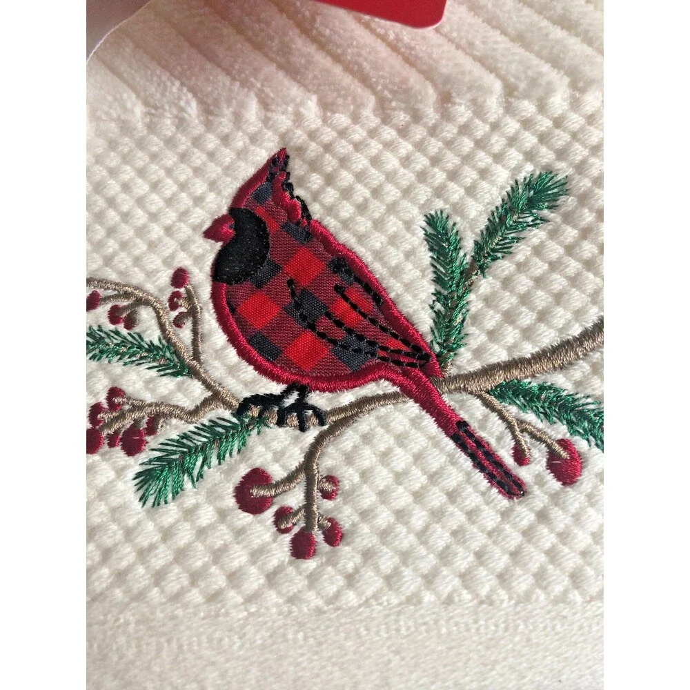 Cardinal Christmas Hand Towels Set of 2 Embroidered Buffalo Plaid Merry Bright